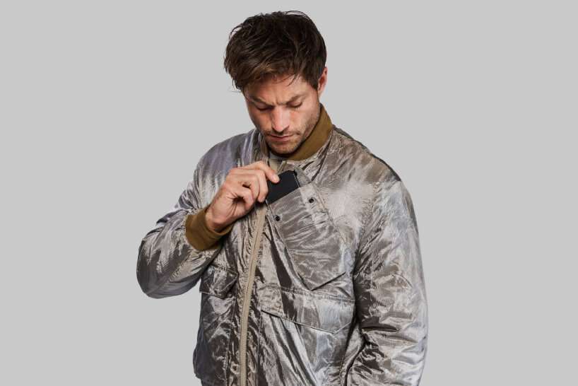 the piece also includes a pocket for a phone, which acts like a Faraday cage