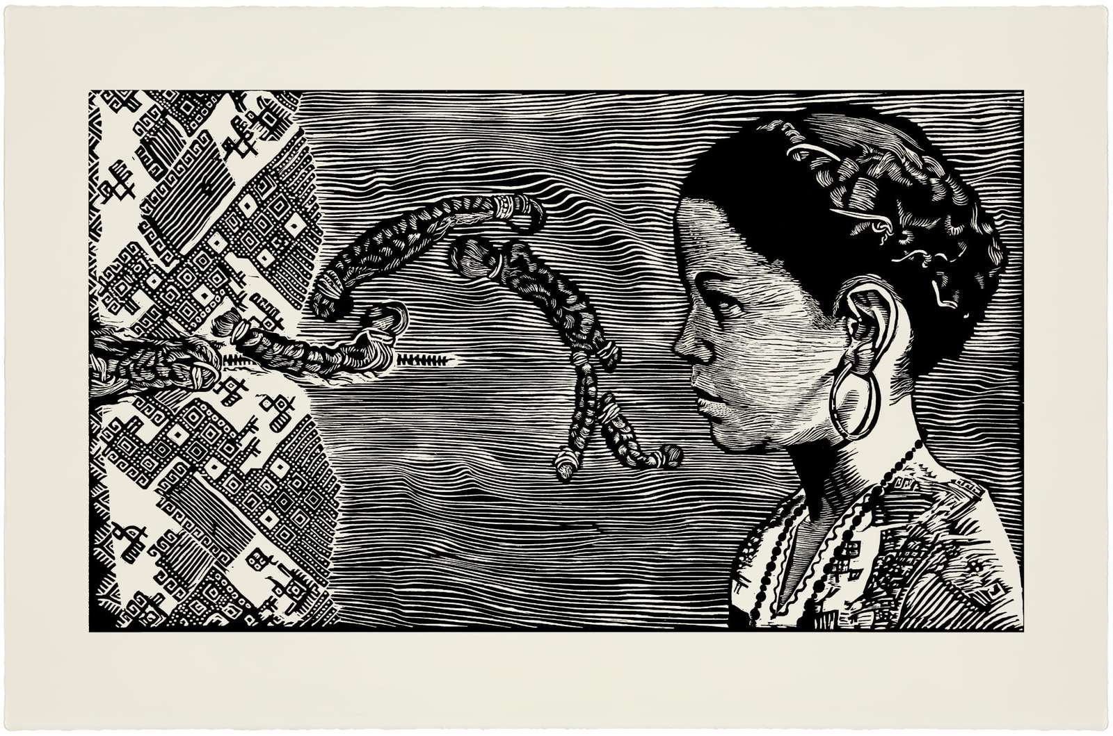 a woodblock print of a snack reaching out toward a child