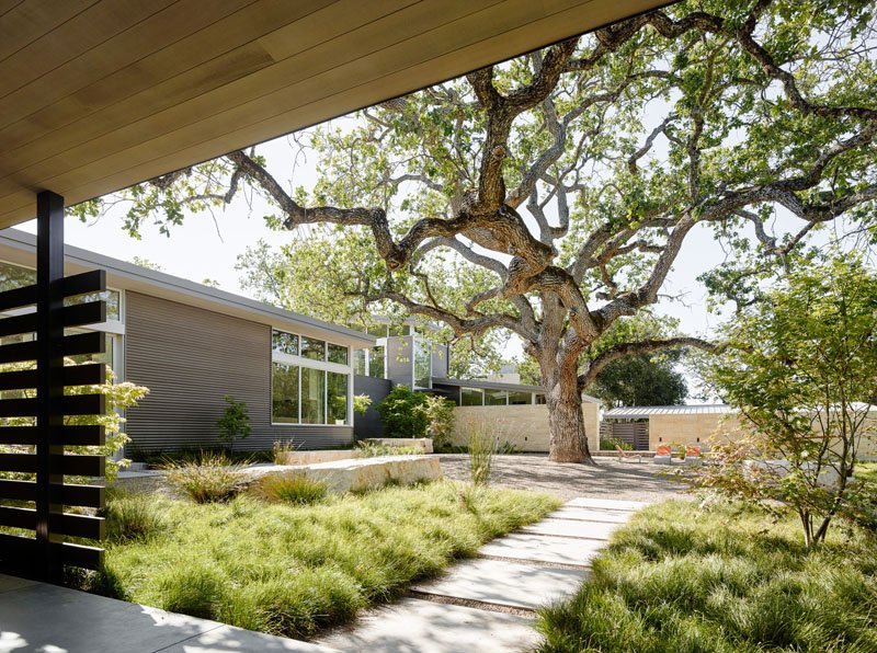 A modern weekend getaway in Carmel’s Santa Lucia Mountains, blending steel, limestone, and sweeping ridge views around a 100-year-old Valley Oak.