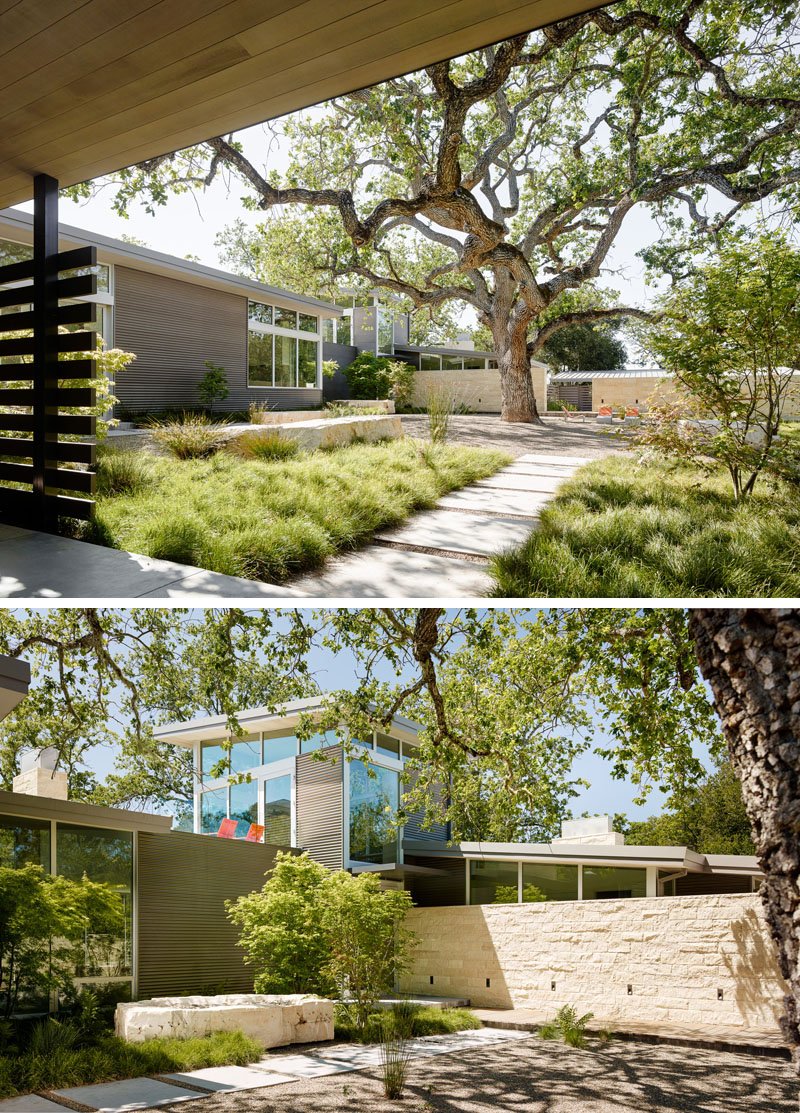 A central courtyard shaded by a heritage Valley Oak, with meandering paths designed to connect every part of the home to nature.