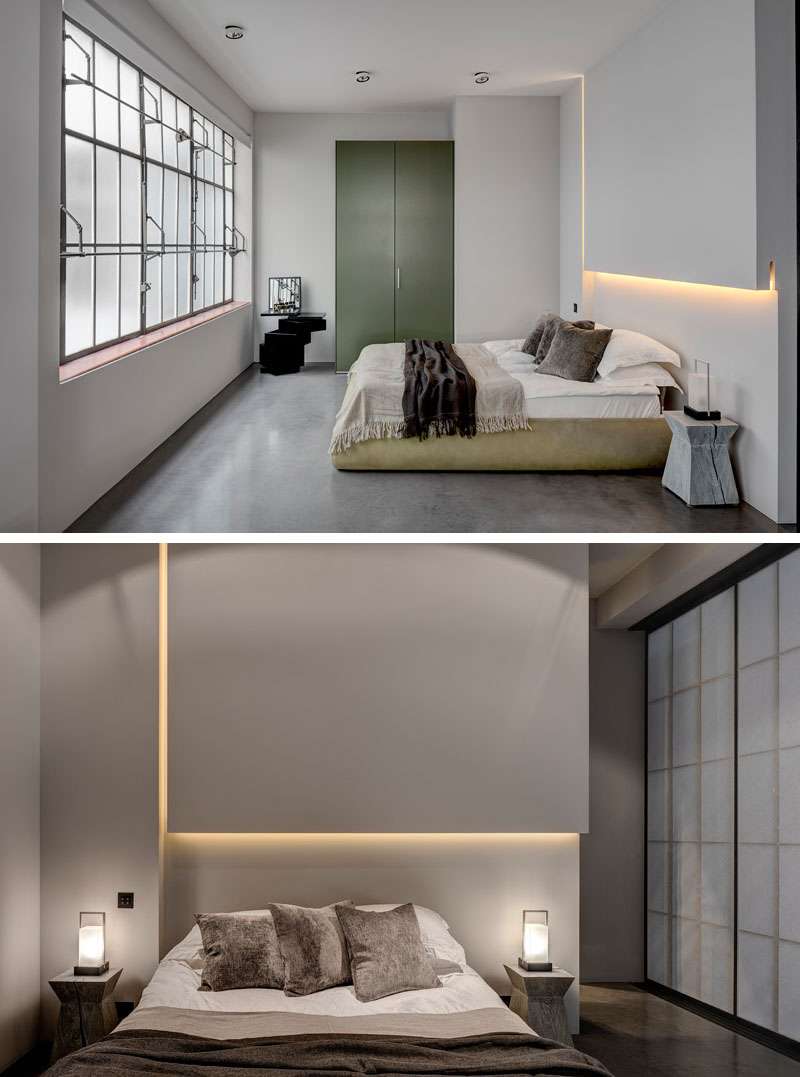The bedroom carries forward the apartment’s theatrical atmosphere. A custom headboard hides soft integrated lighting, creating a muted glow, while a sliding privacy screen separates the space from the rest of the apartment when needed.