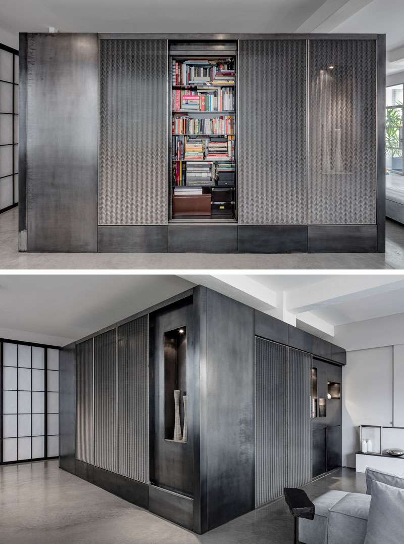 The black box is more than just a partition, it houses a bathroom, a film and book archive, and laundry facilities. Each of its sides serves a different purpose: reading and sleeping, working, cooking and dining, or socializing and relaxing. 