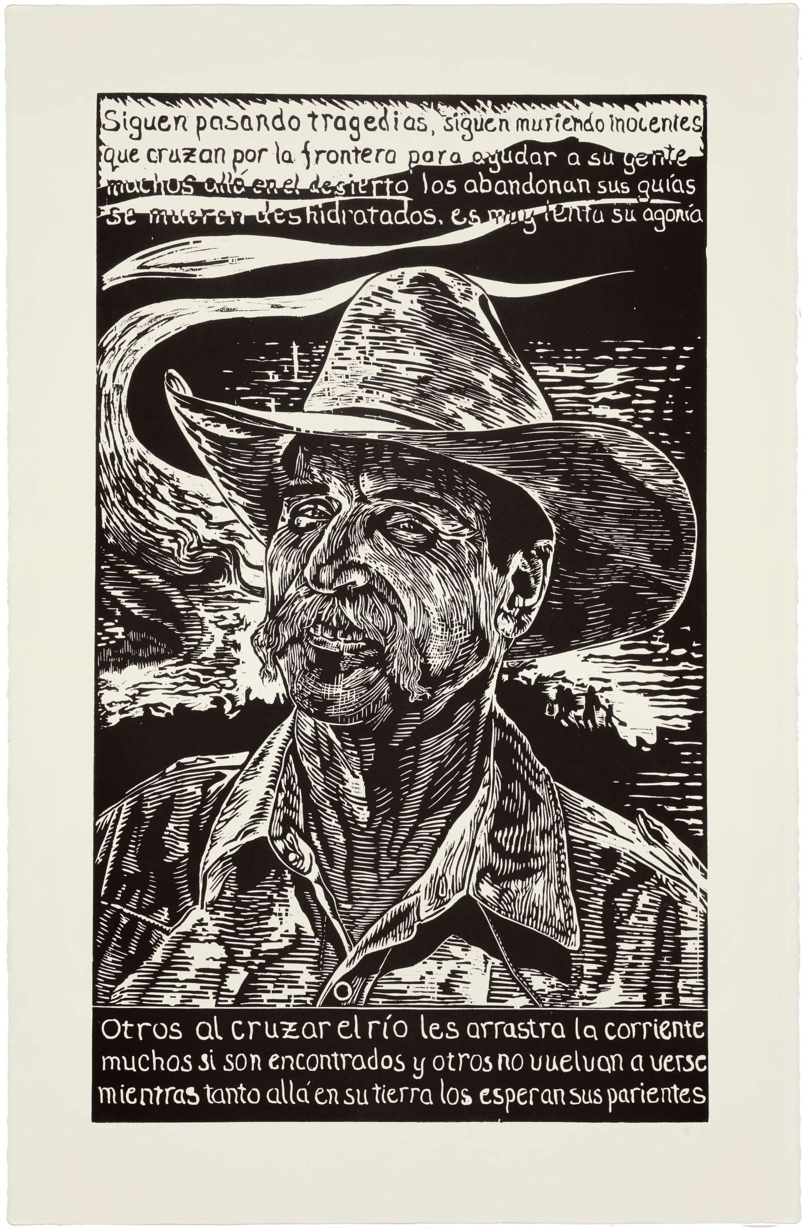 a black and white woodcut print of a man with a cowboy hat and text in spanish surrounding him