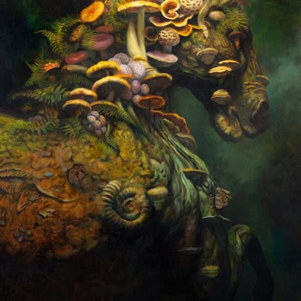 an oil painting by Martin Wittfooth of a horse covered in fungi