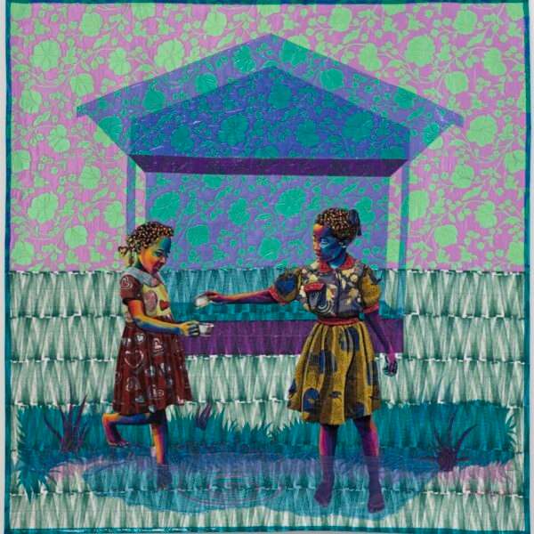 a quilted artwork by Bisa Butler featuring two young Black girls playing in front of a window, with numerous stretches of patterned fabric
