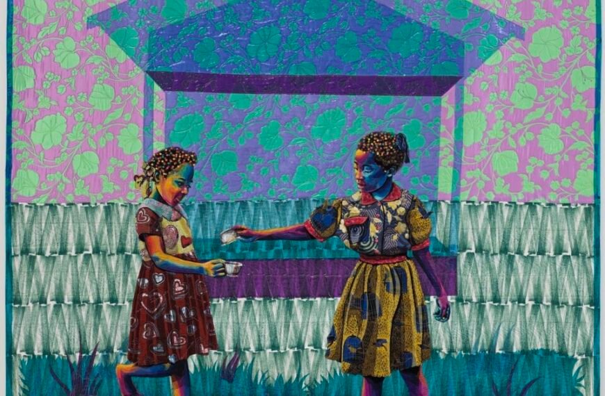 a quilted artwork by Bisa Butler featuring two young Black girls playing in front of a window, with numerous stretches of patterned fabric