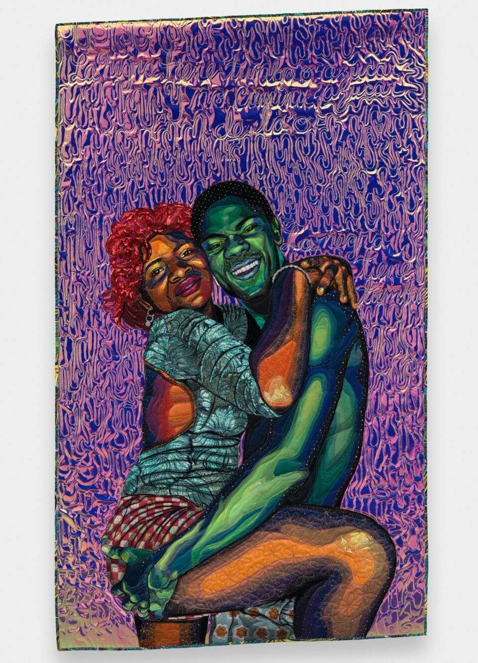 a quilted artwork by Bisa Butler featuring two young Black people embracing affectionately, inspired by a photograph by Gerald Cyrus