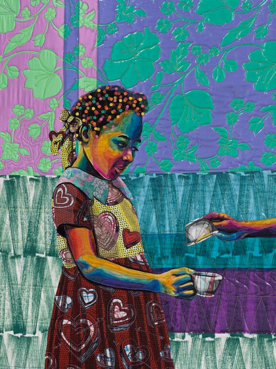 a detail of a quilted artwork by Bisa Butler showing a young Black girl standing against a brightly patterned background