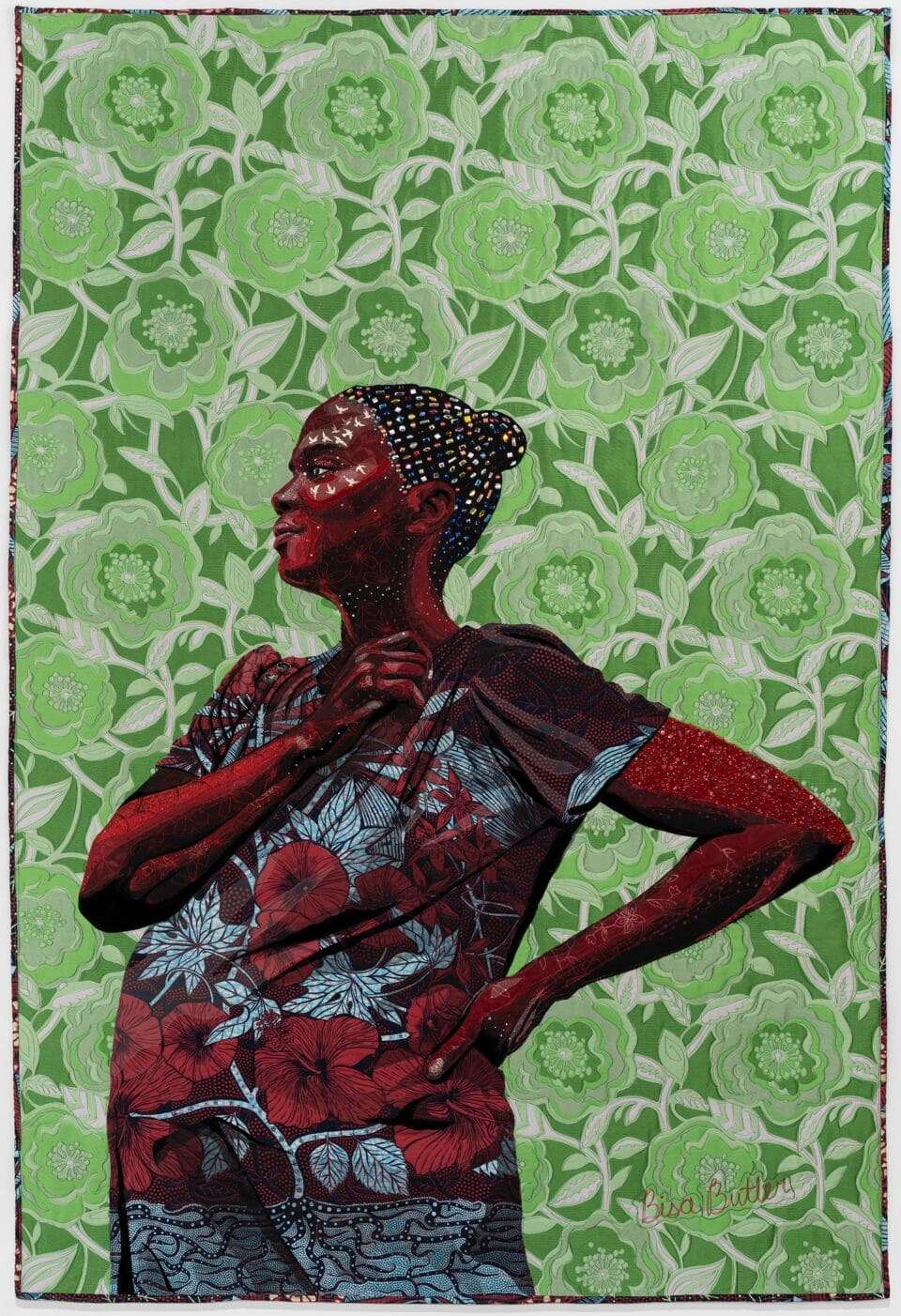 a quilted artwork by Bisa Butler featuring a pregnant woman looking off into the distance, inspired by a photo by Dana Lixenberg titled 