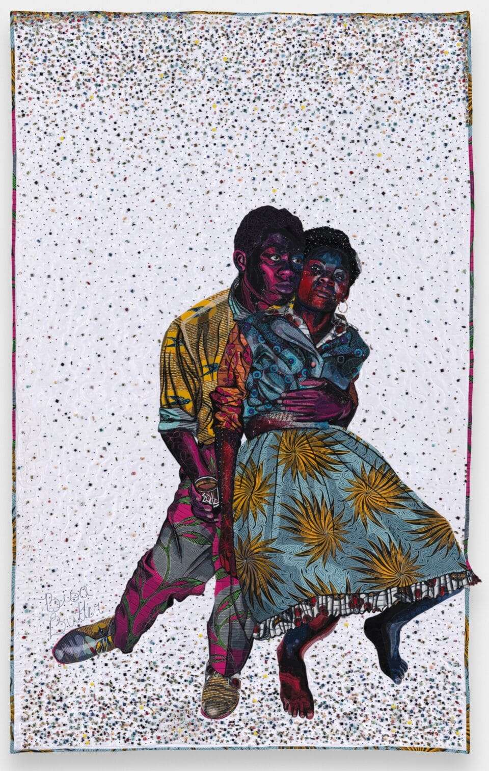 a quilted artwork by Bisa Butler featuring two young Black people standing affectionately together, inspired by a photograph by Jean Depara