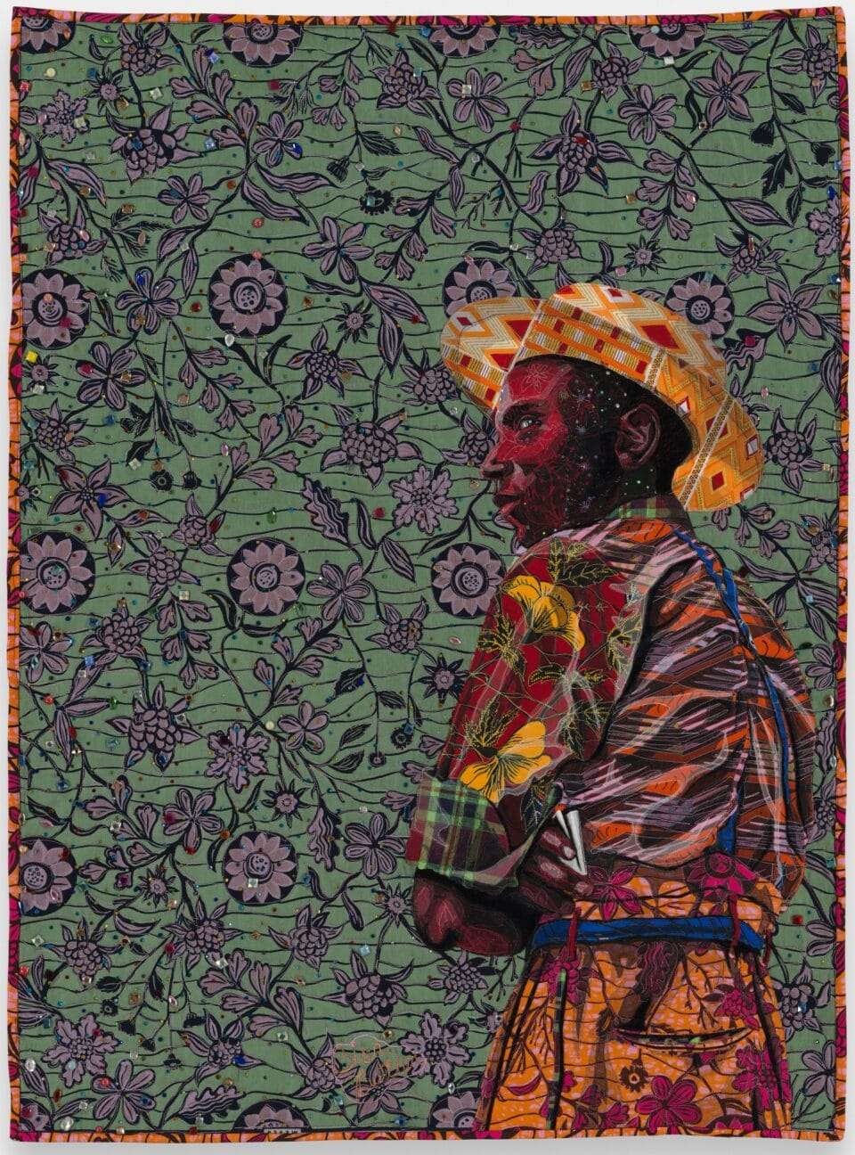 a quilted artwork by Bisa Butler with imagery drawn from a Gordon Parks photograph of a young Black man with a brimmed hat on