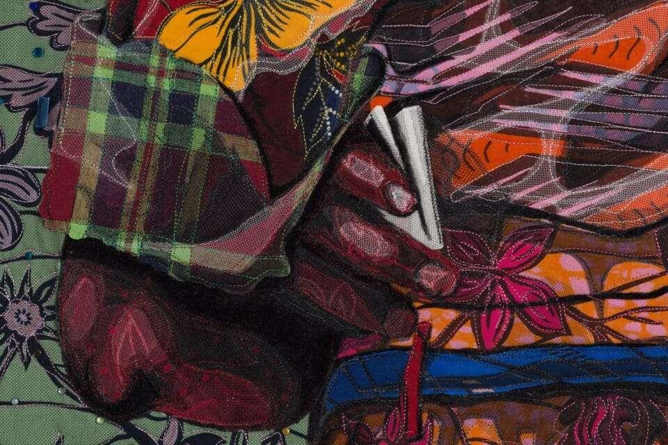 a detail of a work by Bisa Butler showing different types of quilted fabric