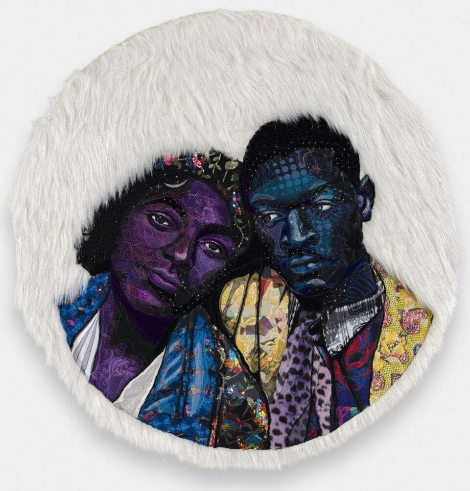 a circular quilted composition by Bisa Butler of a woman leaning her head affectionately on a man's shoulder