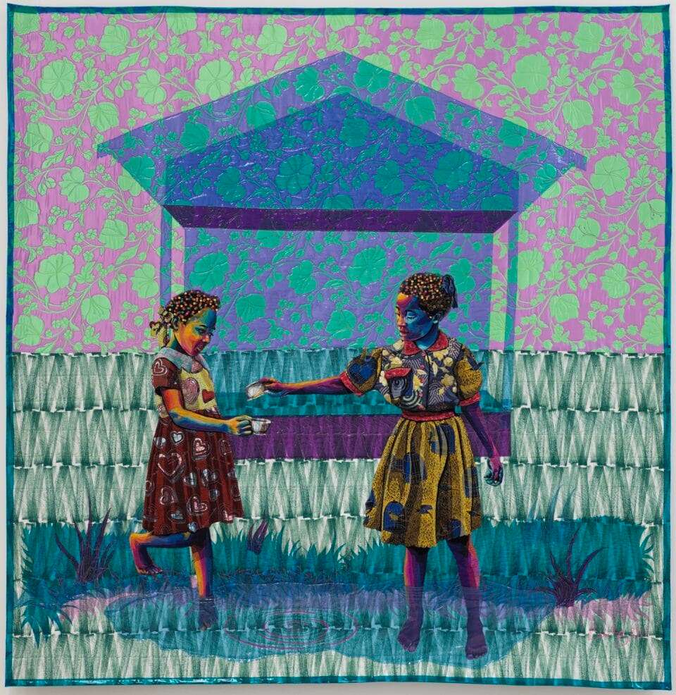 a quilted artwork by Bisa Butler featuring two young Black girls playing in front of a window, with numerous stretches of patterned fabric