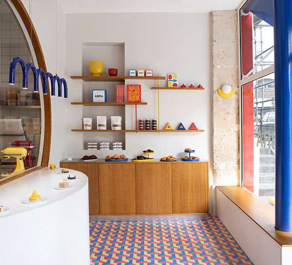 parisian patisserie ABRA frames pastries against geometric floors and bold primary colors