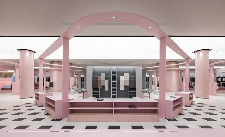 pink ribbon organizes retail display within factory store in inner mongolia