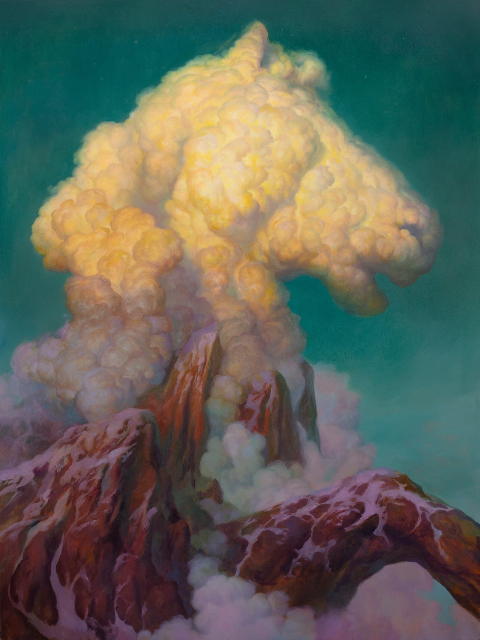 an oil painting by Martin Wittfooth of a horse-shaped cloud of steam rising from a mountain