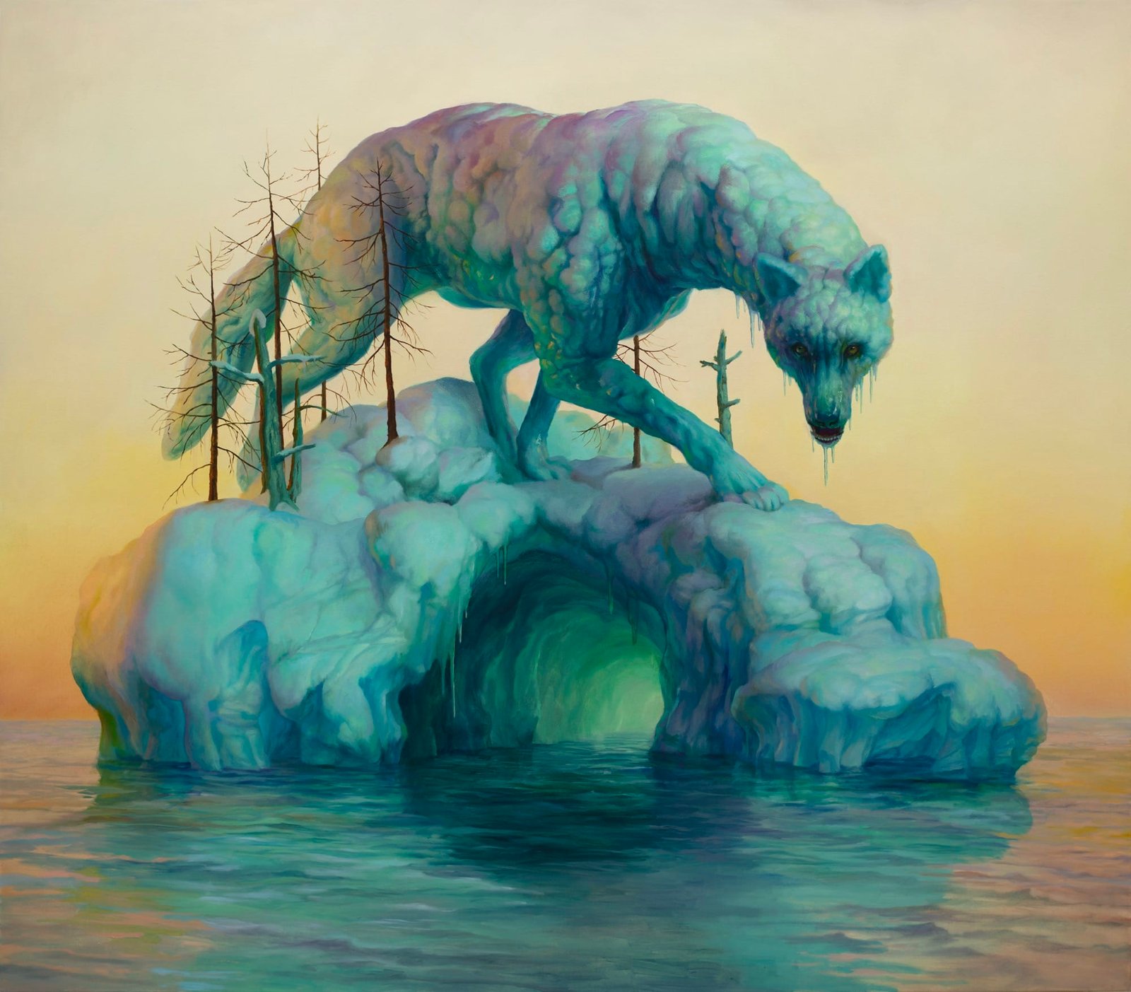 an oil painting by Martin Wittfooth of a snowy wolf standing on top of an iceberg with a cave in it
