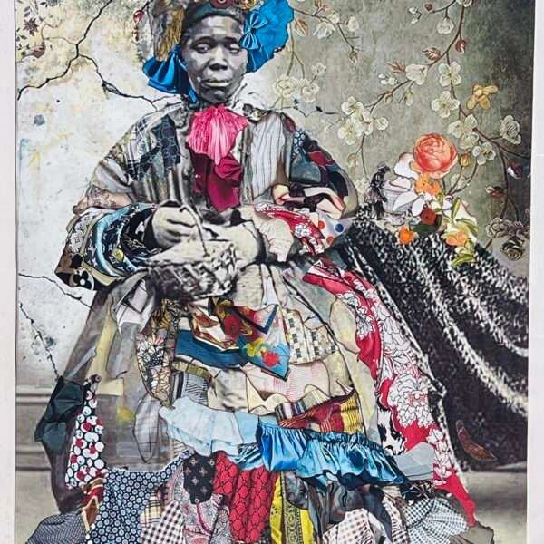 a framed portrait by Stan Squirewell, from an old photograph, of a Black woman with colorful, patterned fabrics collaged onto the image