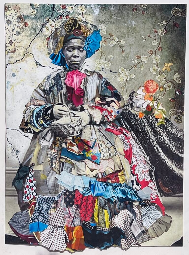 a framed portrait by Stan Squirewell, from an old photograph, of a Black woman with colorful, patterned fabrics collaged onto the image