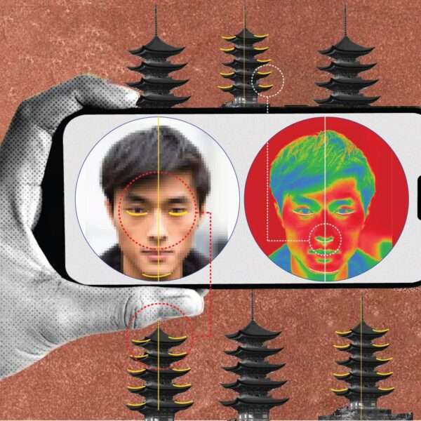 A thermal and anatomical analysis of an East Asian male face juxtaposed with a pagoda temple structure to explore symmetry and vertical segmentation.