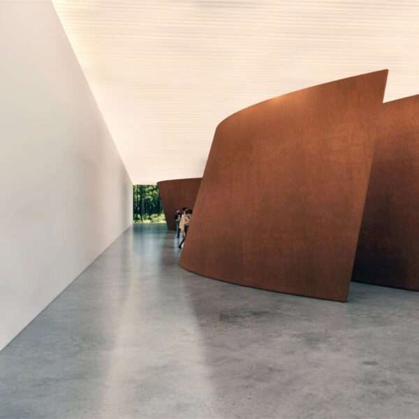 Interior rendering with view of Serra sculpture