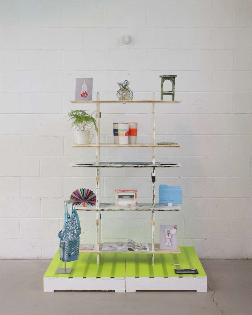 plastic marble display shelf turns upcycled materials into reconfigurable furniture