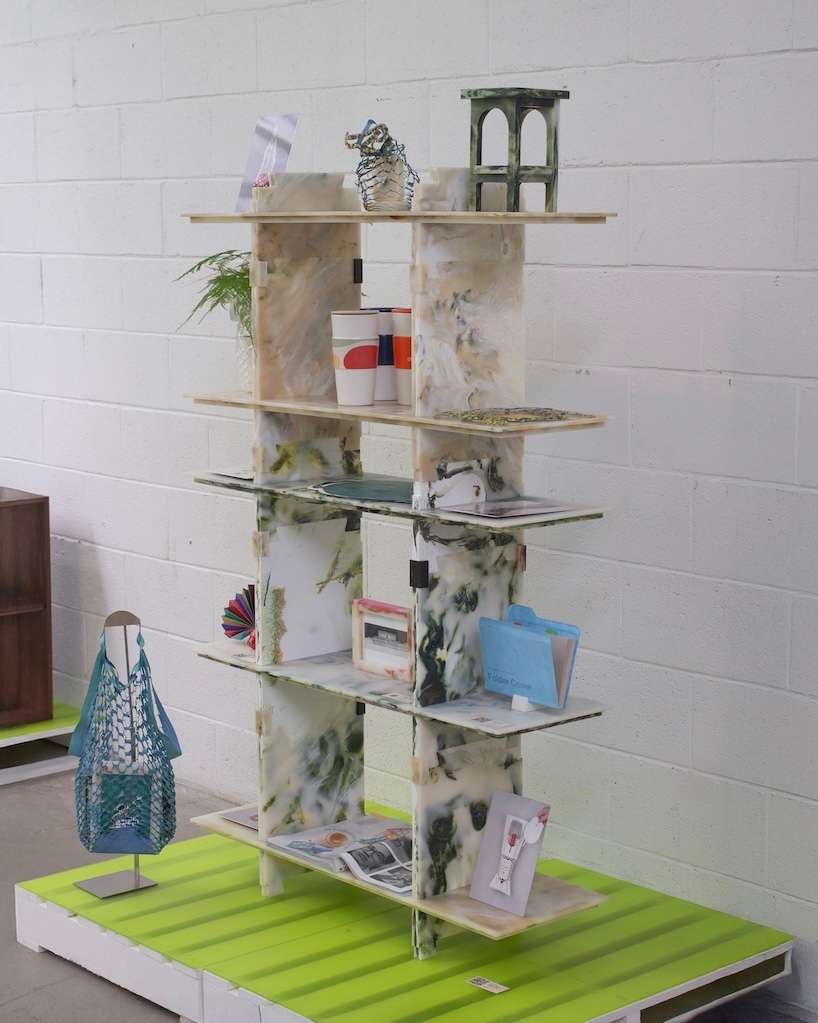 plastic marble display shelf turns upcycled materials into reconfigurable furniture