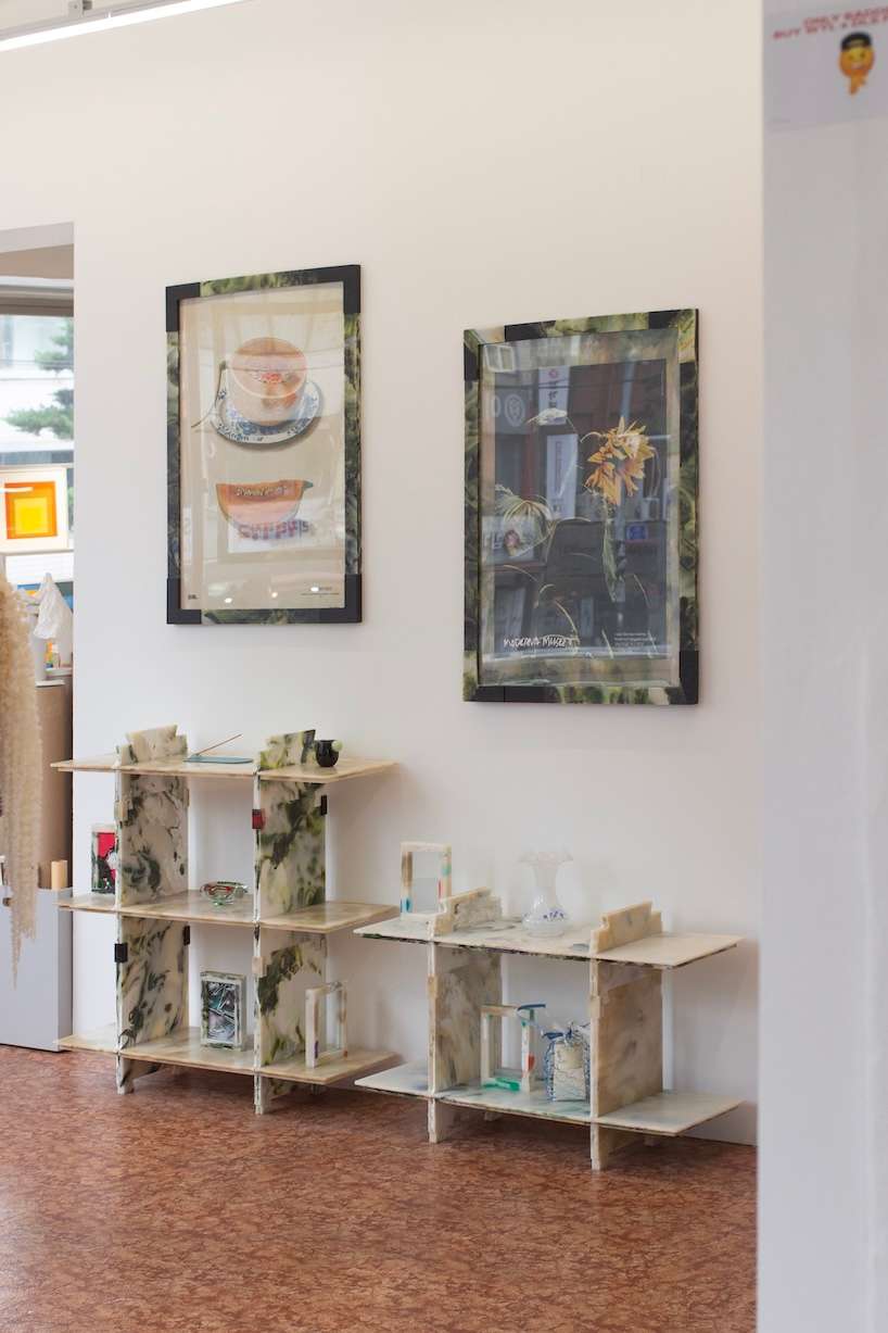 plastic marble display shelf turns upcycled materials into reconfigurable furniture