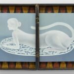 a painting of a cat woman hybrid seated on a lace doily by Shuo Hao on a wooden case