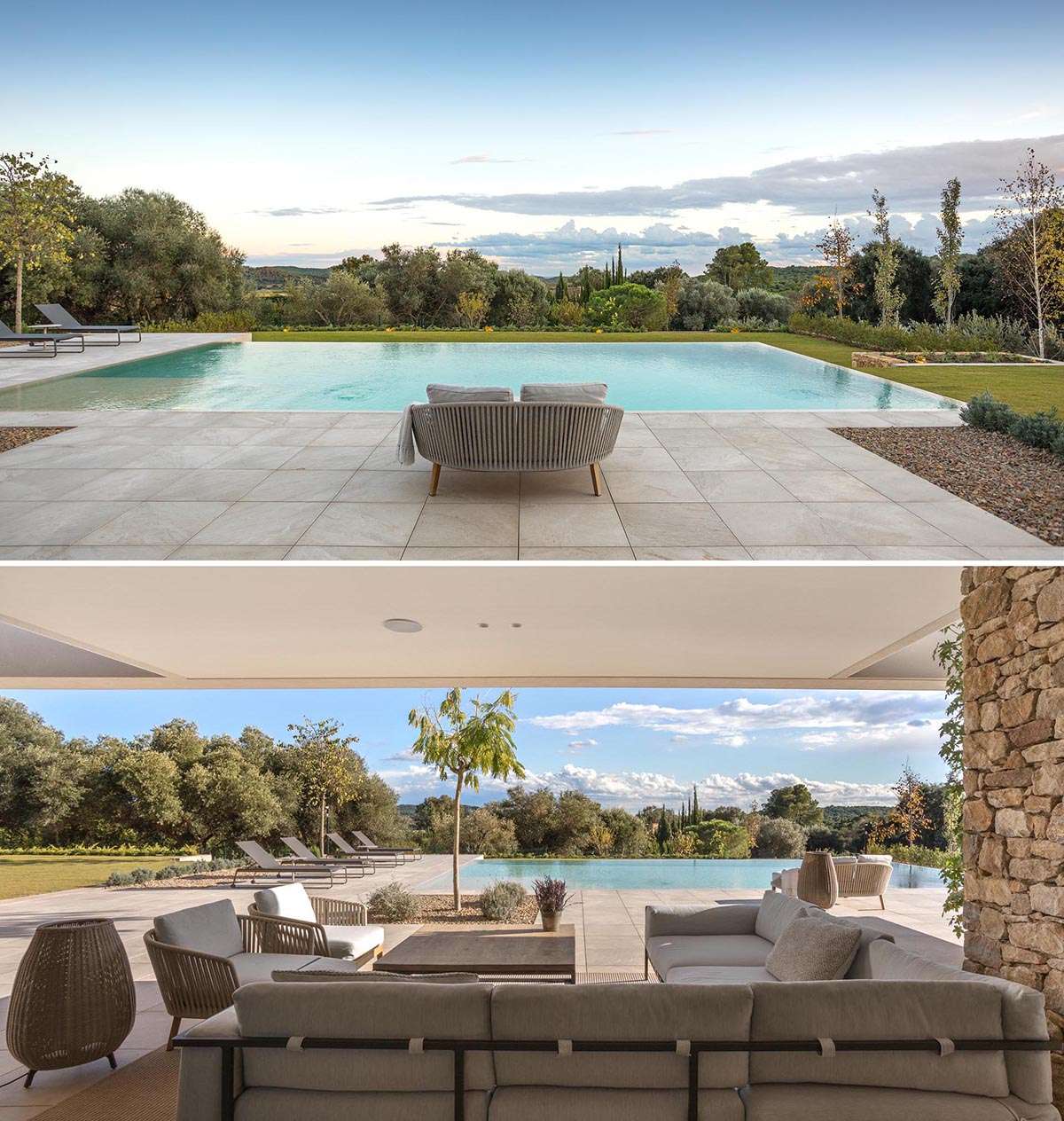 This modern house has an infinity edge swimming pool with views of the surrounding area, while the covered patio includes a lounge area with a sofa and armchairs, as well as a dining area with an outdoor kitchen.