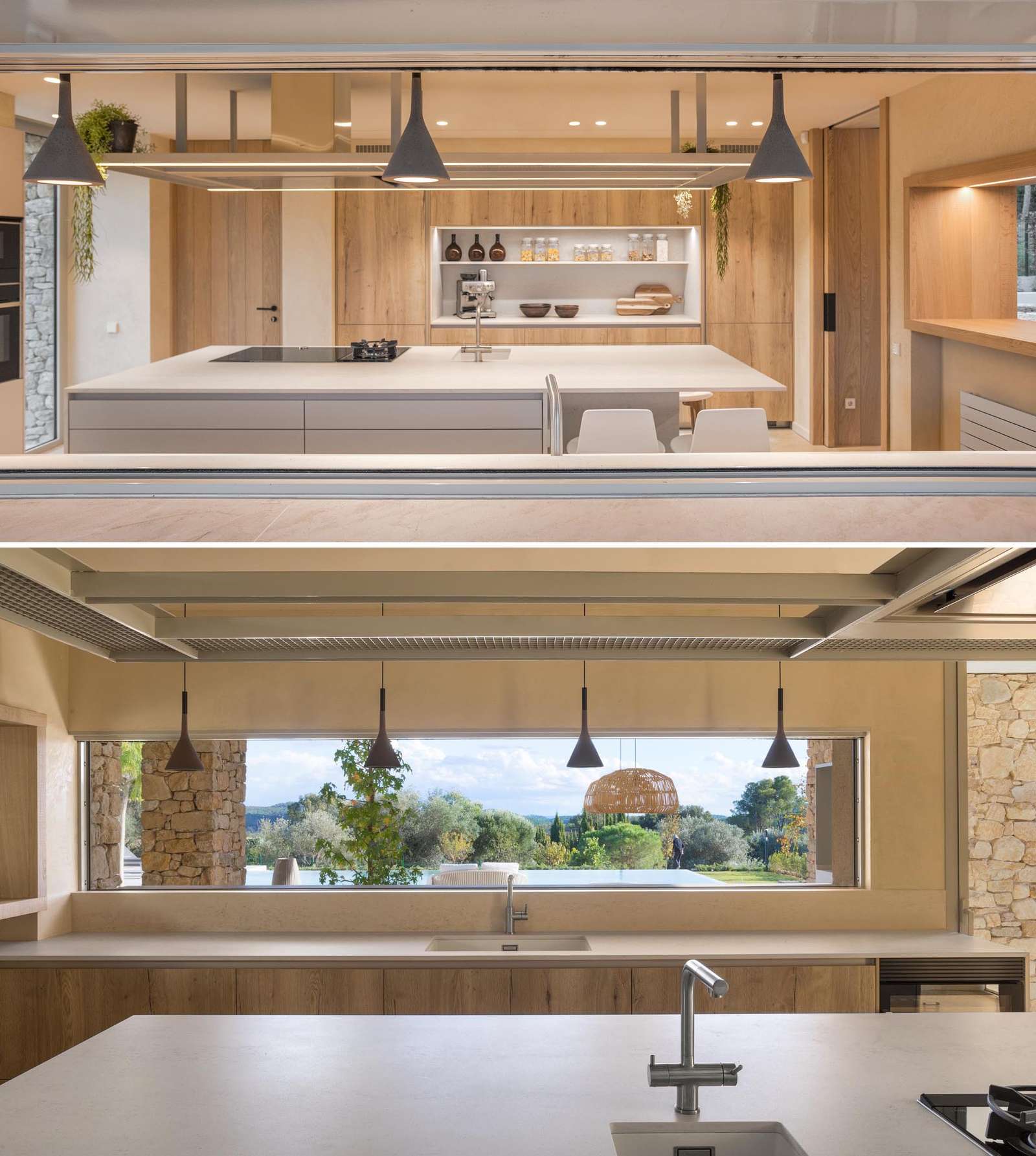 In this kitchen, minimalist white cabinets and countertops are paired with wood cabinets and shelves, and a central island to create a modern appearance.