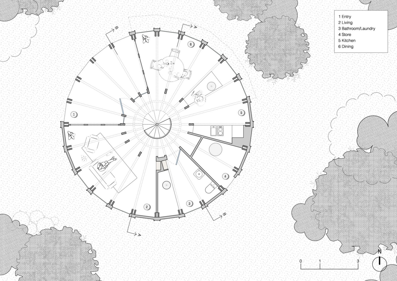 Floor plans of a two storey circular beach house showing compact and efficient living.