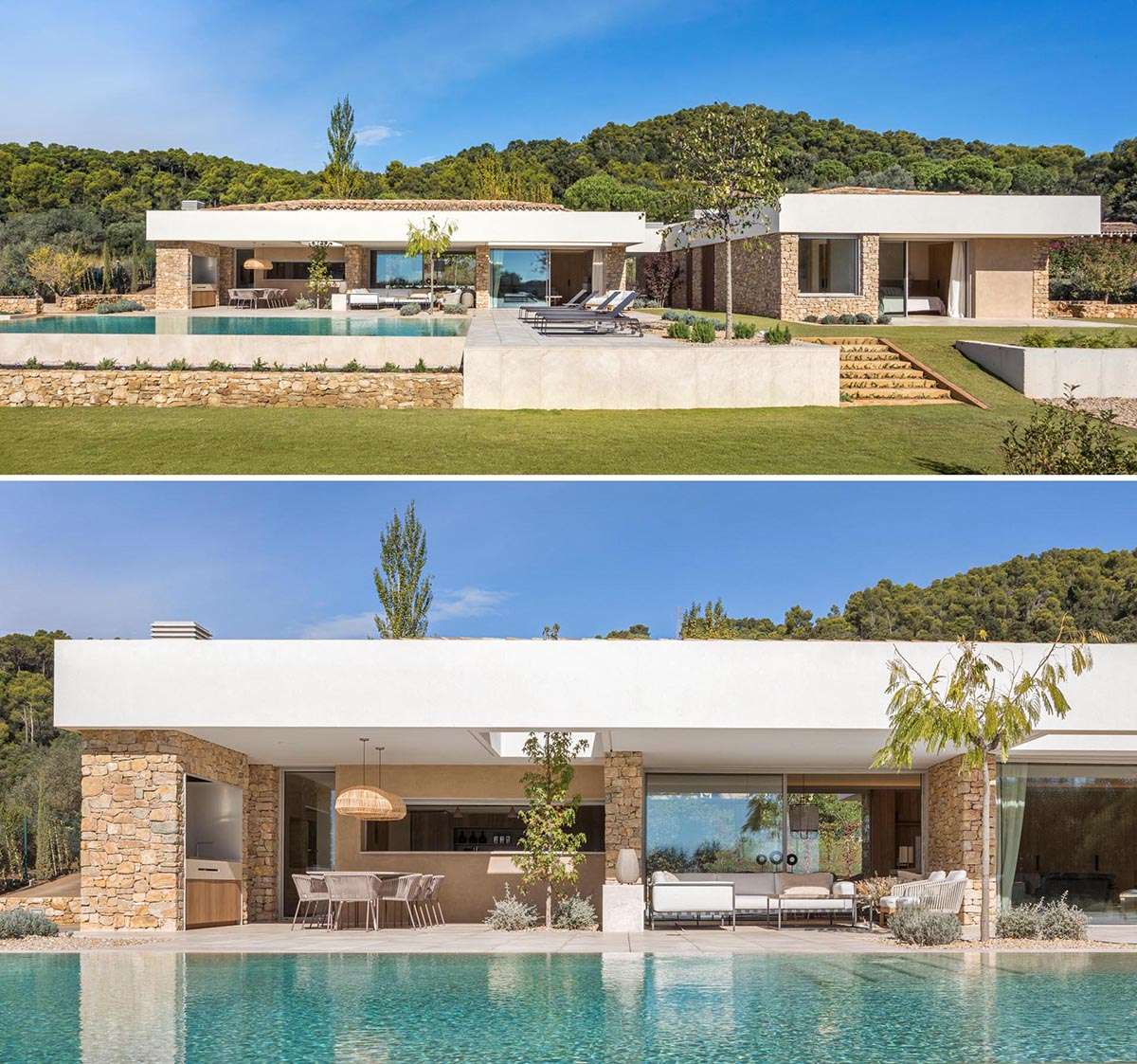 A modern stone house with a large swimming pool, expansive patio, and outdoor living spaces.