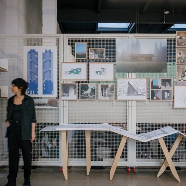 drawings and models on walls and shelves