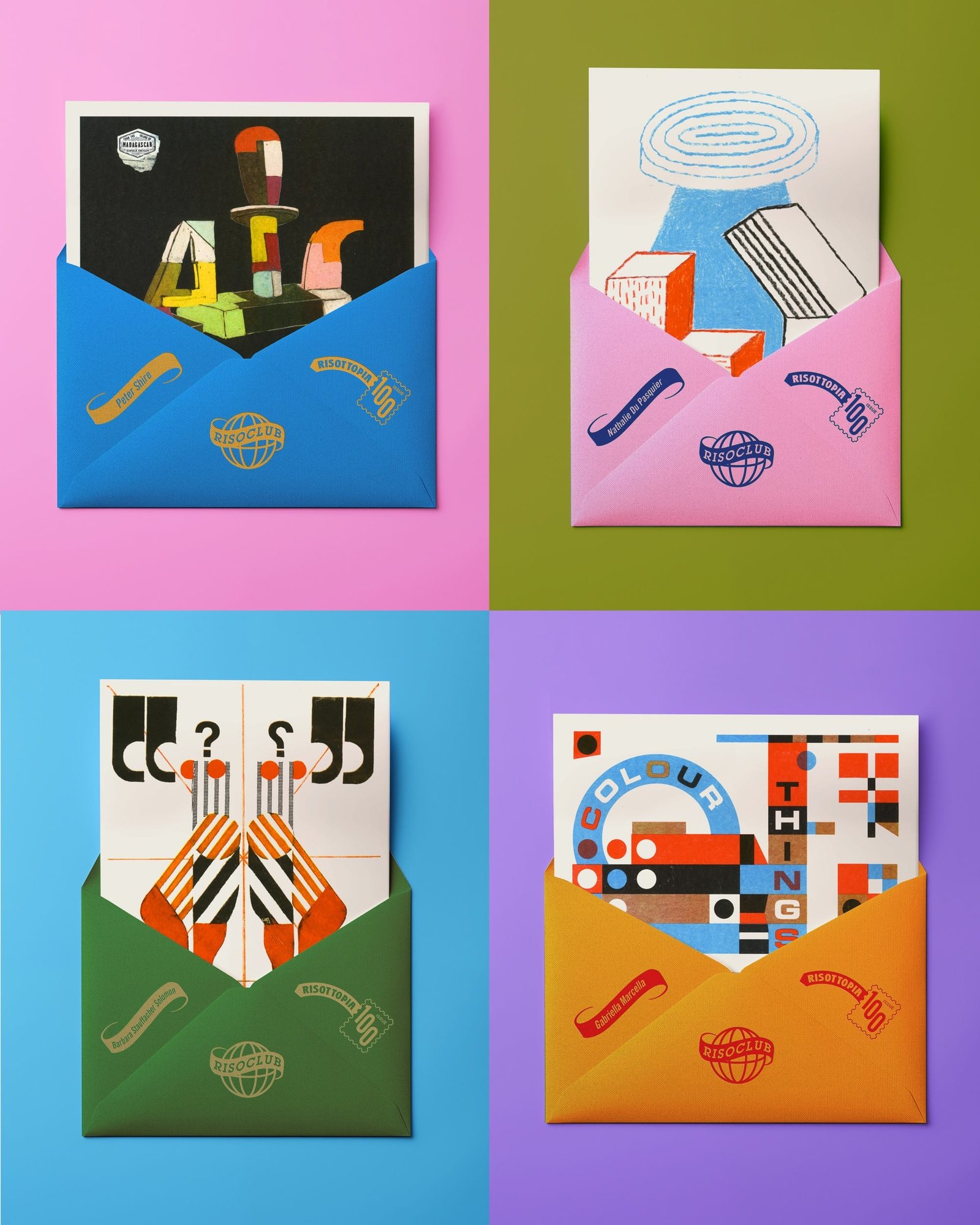four riso prints on a colored background