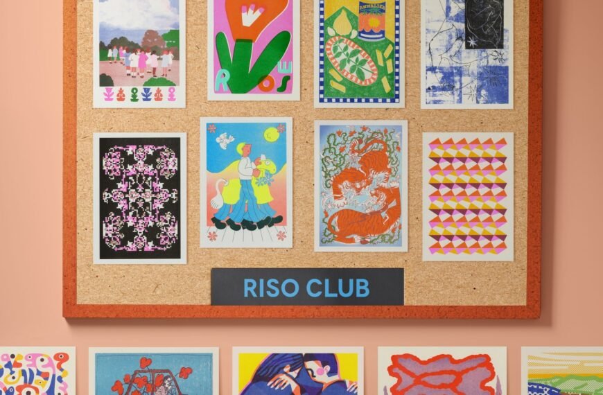 riso prints on a corkboard and shelf