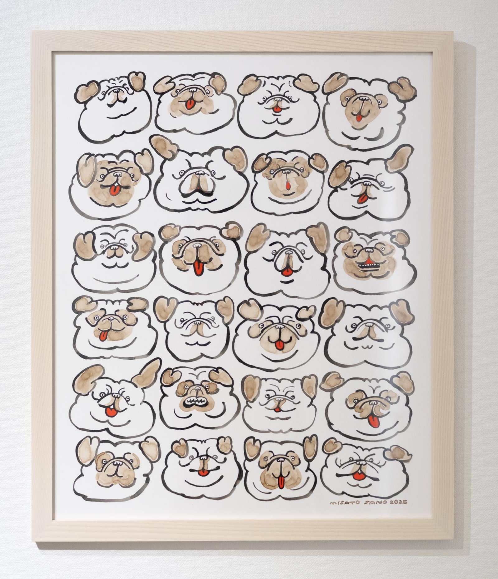 a grid-like drawing of 24 pug faces by Misato Sano, each depicting a different emotion