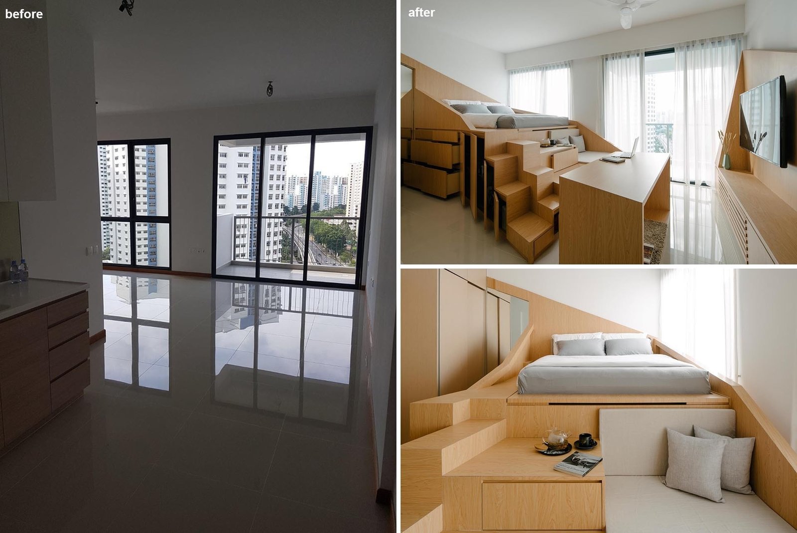 A tiny Singapore apartment by Metre Architects transforms 43 square meters into a warm, multi-functional home with custom wood interiors, hidden storage, and a loft-style bed platform.
