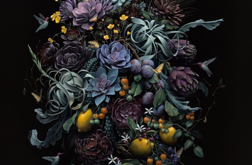 A hyperrealistic, detailed still life painting of florals, succulents, and birds