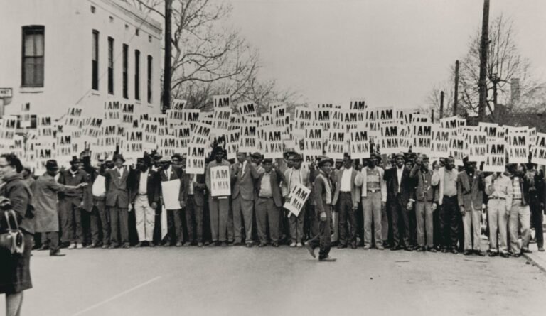 a black and white photo of a crowd picketing