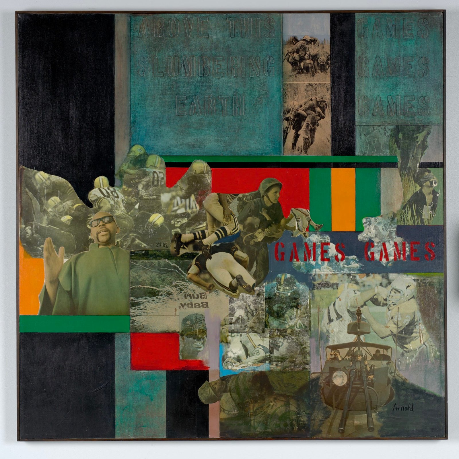 a collage with fields of color and cutout figures preaching, playing football, at war, and more