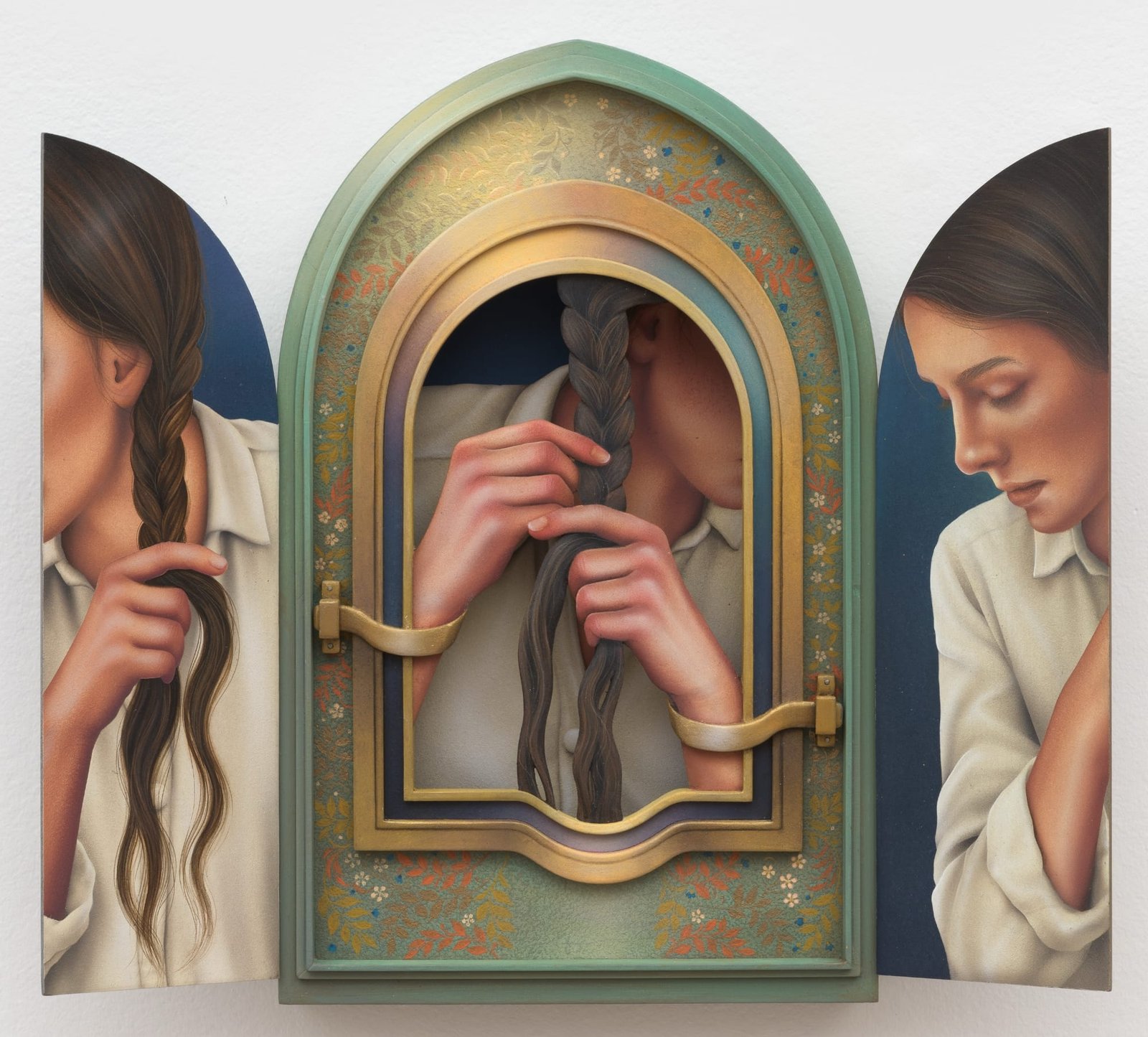 a Persian window opened to show three women in various stages of braiding their hair