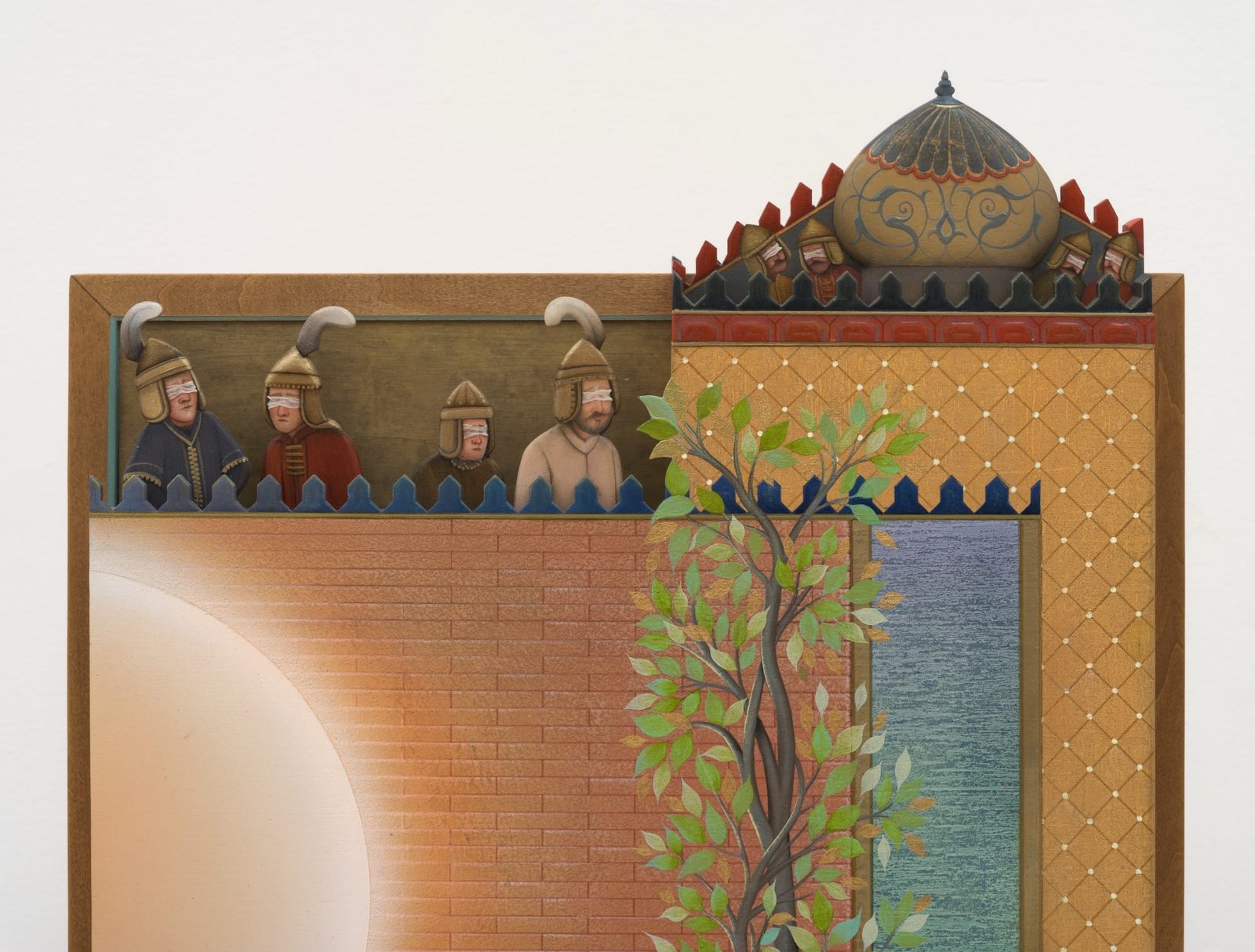 four blindfolded guards stand atop a Persian building