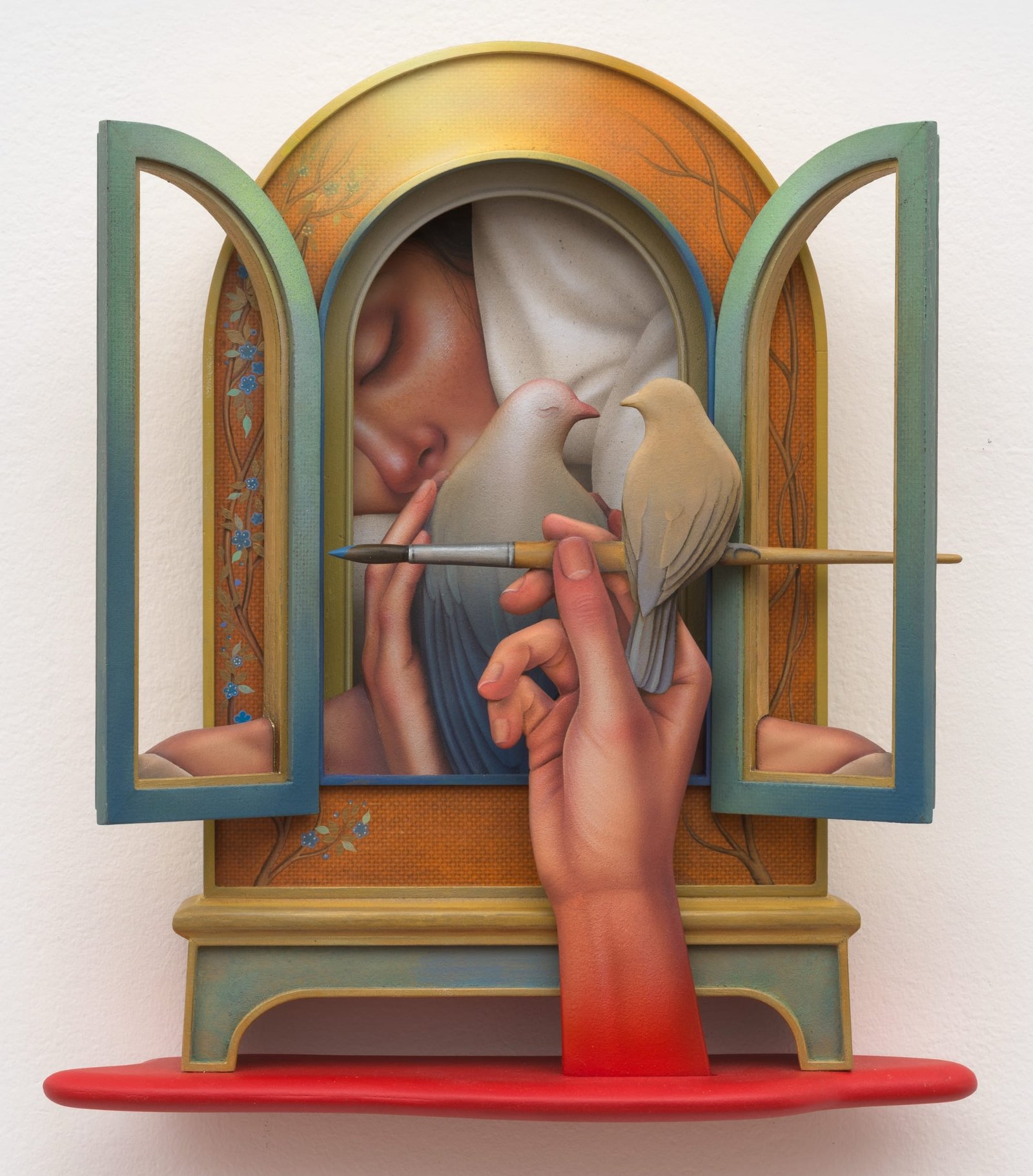 a Persian architectural window opened to show a woman with a bird inside and a hand emerging from a red base in front of the window with a paintbrush and bird
