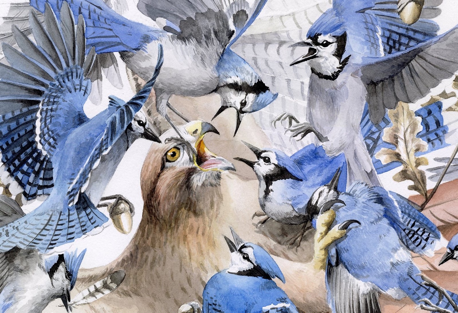 A detail of a highly detailed painting of a menagerie of blue jays and an eagle in a jumble against a white background