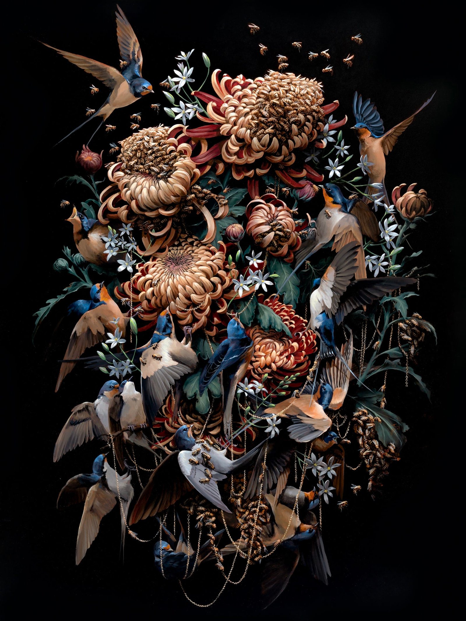 A hyperrealistic, detailed still life painting of florals and barn swallows
