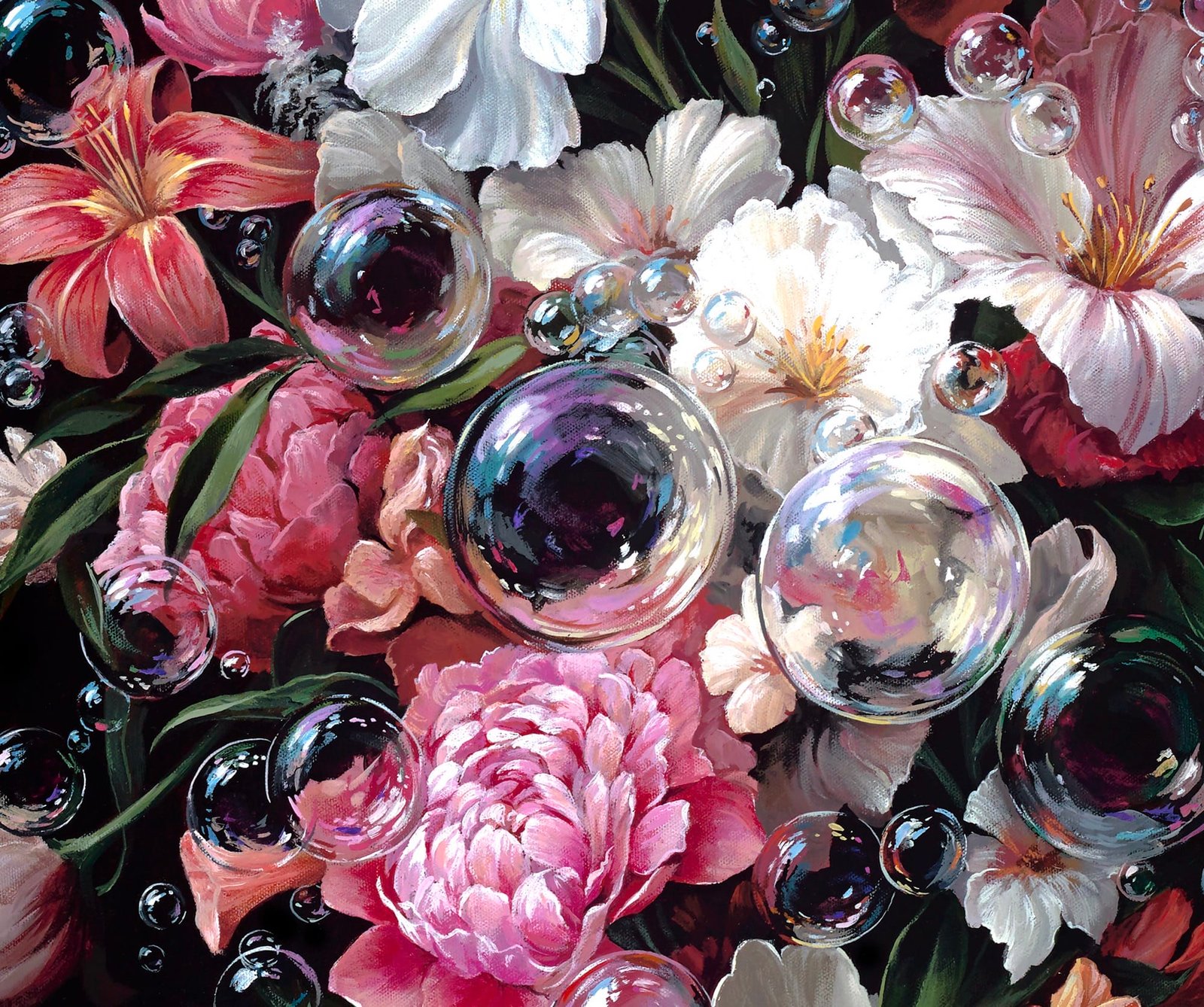 A detail of a hyperrealistic, detailed still life painting of florals and bubbles