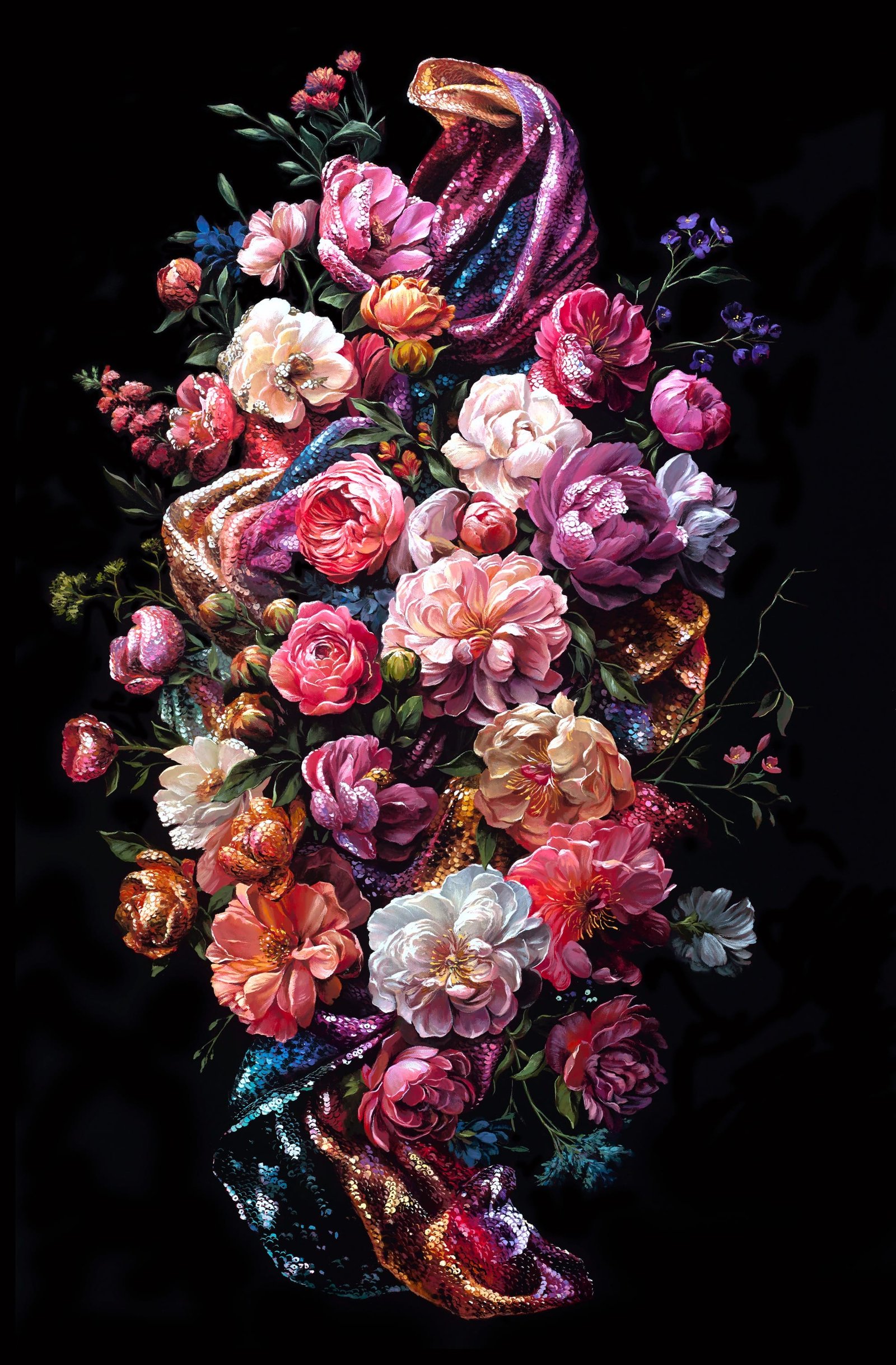 A hyperrealistic, detailed still life painting of florals