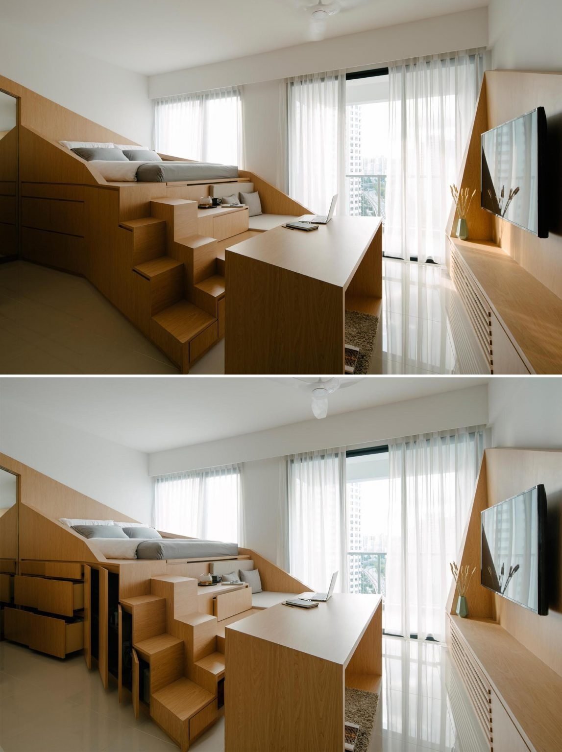 This custom wood platform combines a loft bed, sofa, dining table, workspace, stairs, and storage into one smart design for compact apartment living.